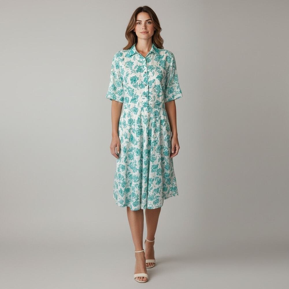 Vintage Rhymes Womens 8 White Green Floral Cotton Blend Button Up Midi Dress